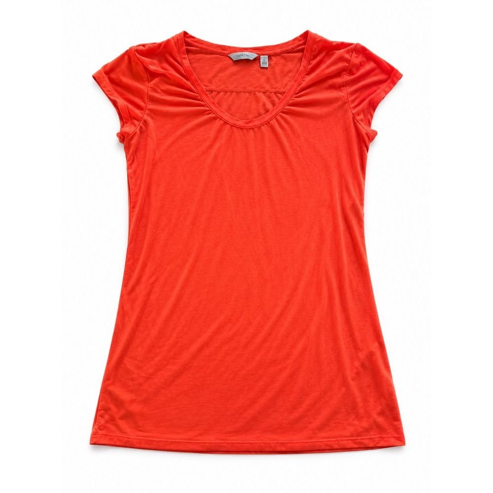 ATHLETA Women Orange Red Cap Sleeve V-Neck Ruched Performance Tee Shirt Size M